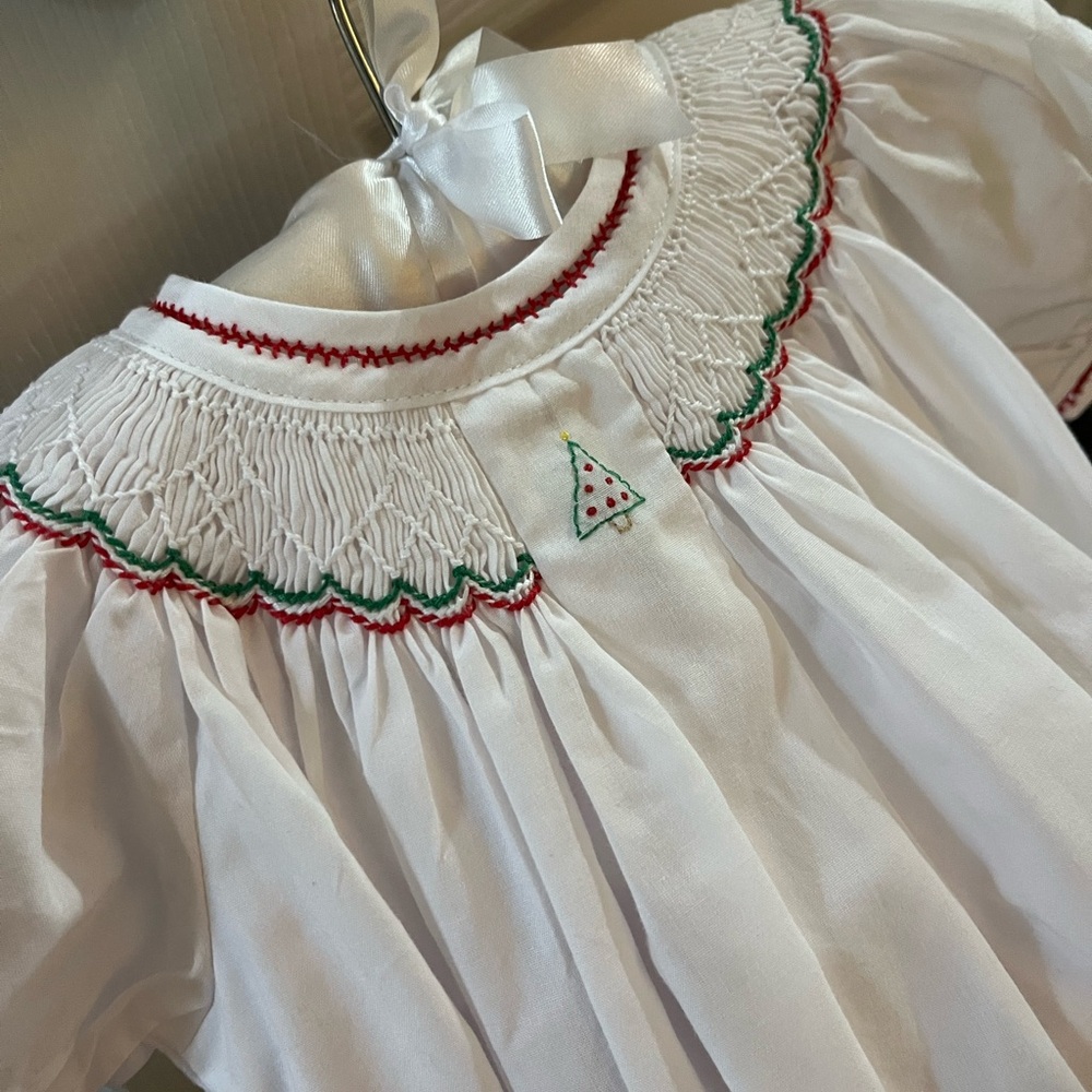 Christmas Petit Ami White Smocked Dress 3 months